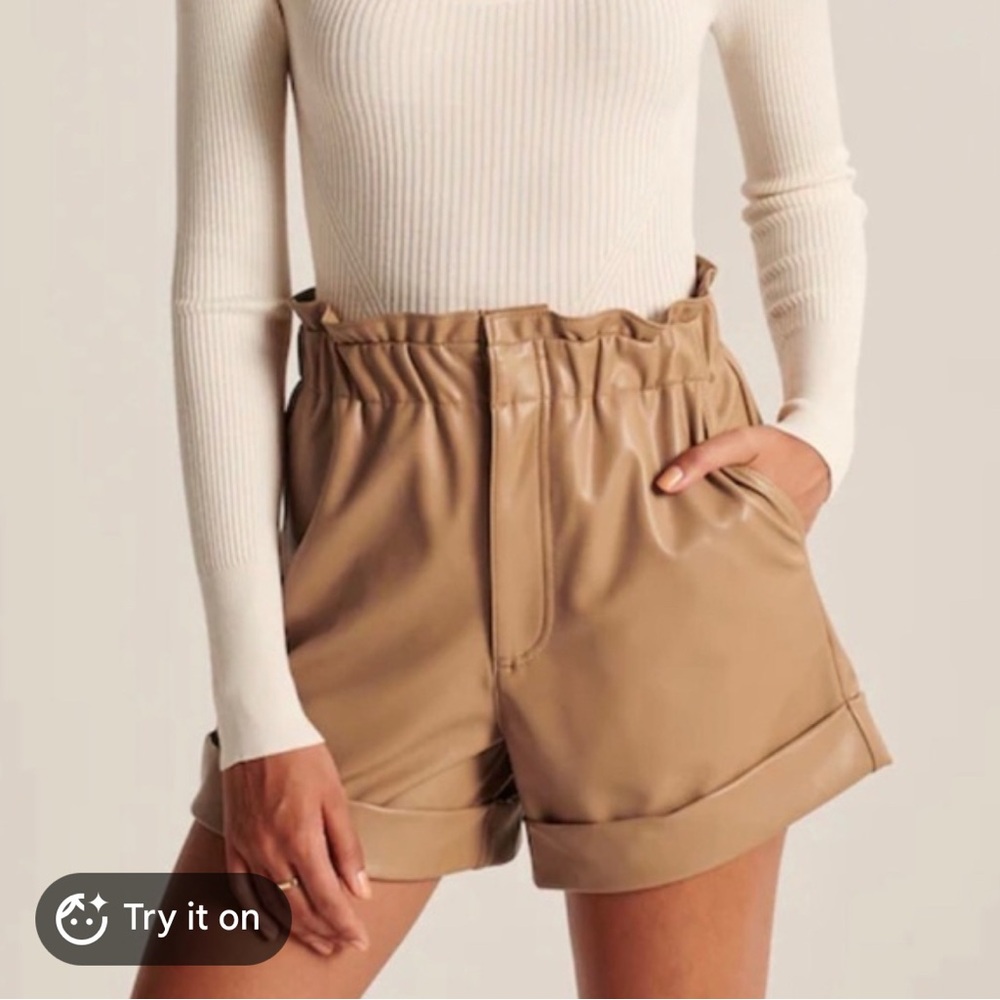 Abercrombie and Fitch High-Rise Faux Leather Paperbag Shorts in Camel Sz M